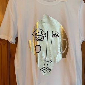 Zara White T-Shirt with Gold Abstract Face Design